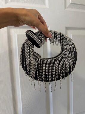 JW PEI Black Rhinestone Fringe Crescent Bag